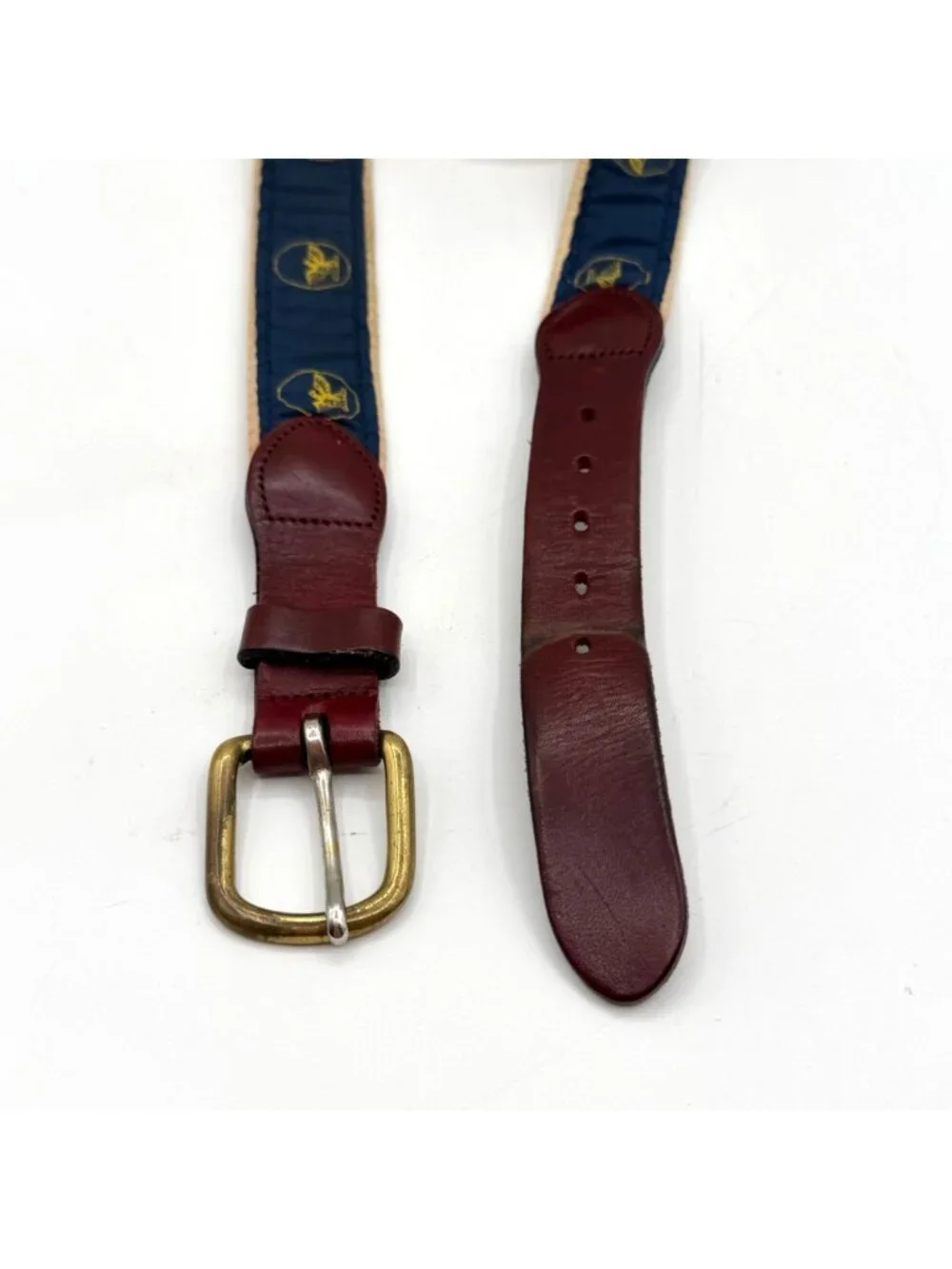 Vintage Made in USA Navy Eagle Print Canvas & Leather Belt Brass Buckle Size 44